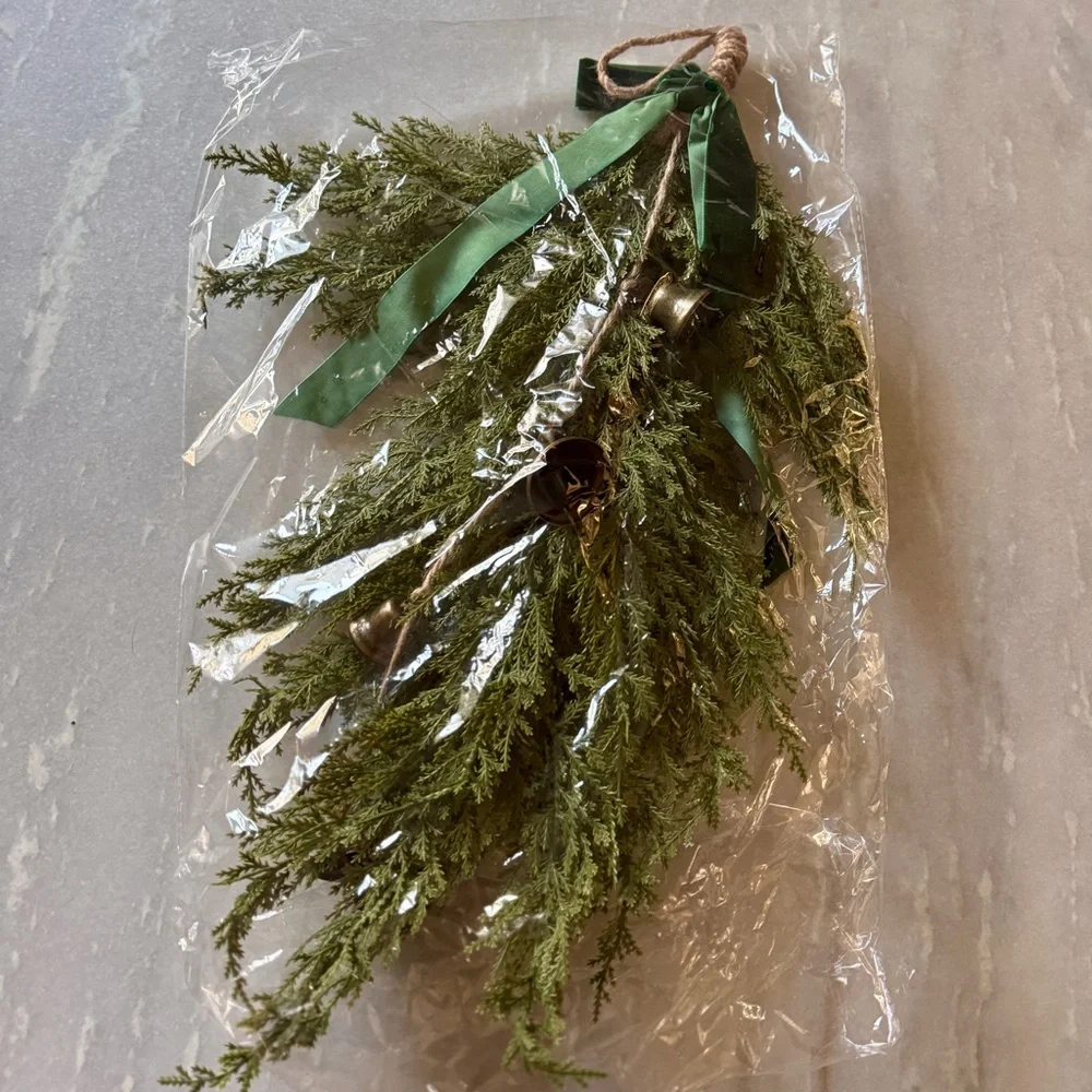 NEW Greenery Cedar Teardrop Holiday Swag with Velvet Ribbon & Bells